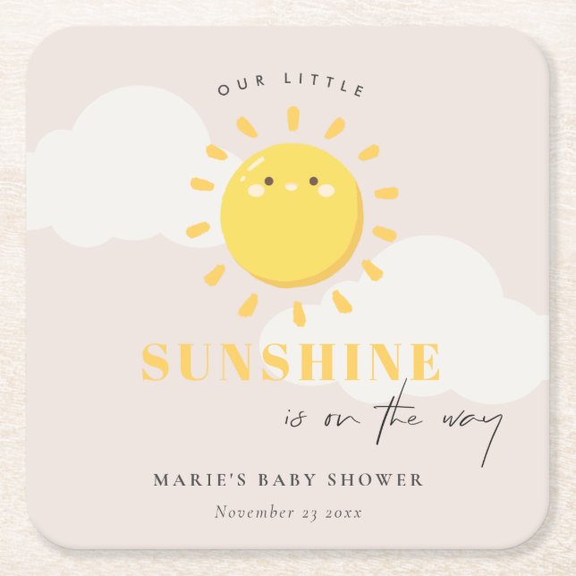 Dessous-de-verre Carré En Papier Cute Notre Petit Baby shower Fille Blush Sunshine (Devant)