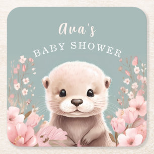 Dessous-de-verre Carré En Papier Cute Otter Girl Baby shower Sage & Rose Floral