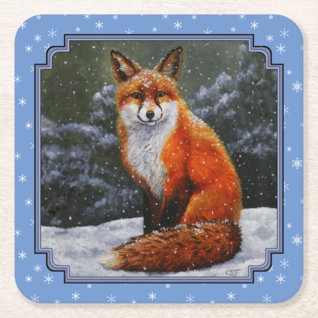 Dessous-de-verre Carré En Papier Cute Red Fox in Winter Snow (Devant)