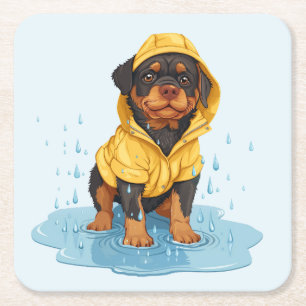 Dessous-de-verre Carré En Papier Cute Rottweiler Chien portant Raincoat