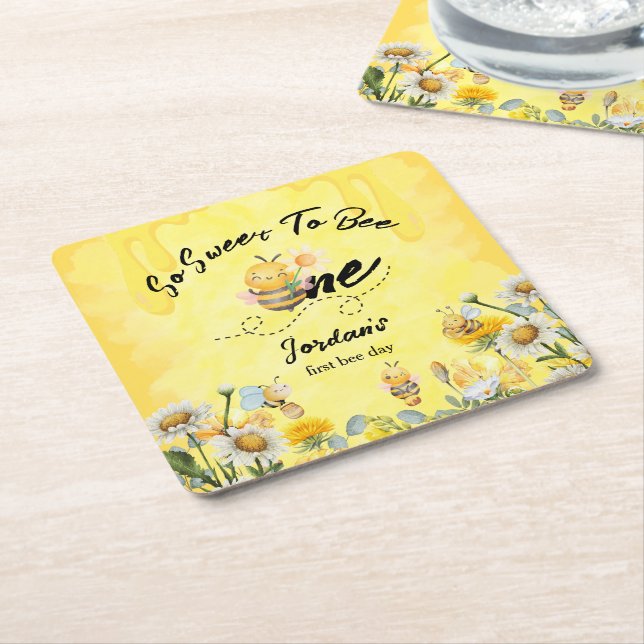 Dessous-de-verre Carré En Papier Cute Sweet To Bee One Wildflower 1st birthday (Incliné)