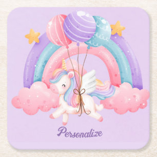 Dessous-de-verre Carré En Papier Cute Unicorn Arc-en-ciel coloré enfants Personnali
