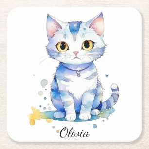 Dessous-de-verre Carré En Papier Cute watercolor cat (chaton) design