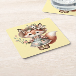 Dessous-de-verre Carré En Papier Cute Woodland Fox Girl portant Cottagecore tenue