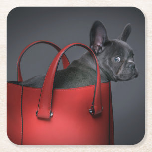 Dessous-de-verre Carré En Papier Cutest Baby Animals   French Bulldog Red Hand Bag
