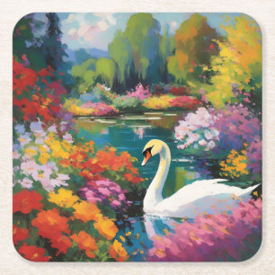 Dessous-de-verre Carré En Papier Cygne dans un lac entouré de fleurs