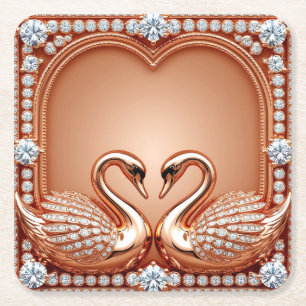 Dessous-de-verre Carré En Papier Cygnes en or rose diamant coeur orné amour romanti