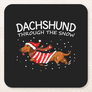 Dessous-de-verre Carré En Papier Dachshund à travers la neige drôle chien Noël