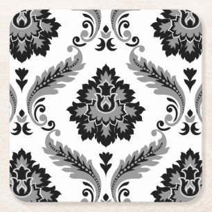 Dessous-de-verre Carré En Papier Damas Rococo Lg Motif Gris Noir Blanc