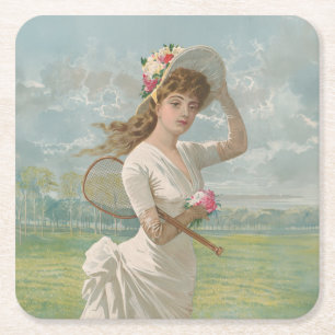 Dessous-de-verre Carré En Papier Dame de tennis victorienne avec chapeau à fleurs A