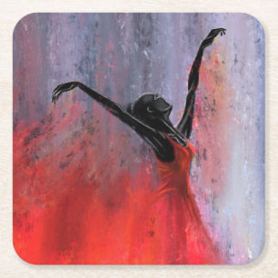 Dessous-de-verre Carré En Papier Dame en rouge dansant - Peinture originale abstrai