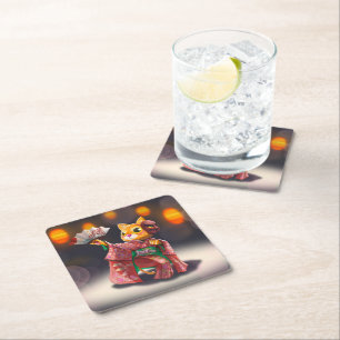 Dessous-de-verre Carré En Papier Danseur de chat japonais en costume traditionnel