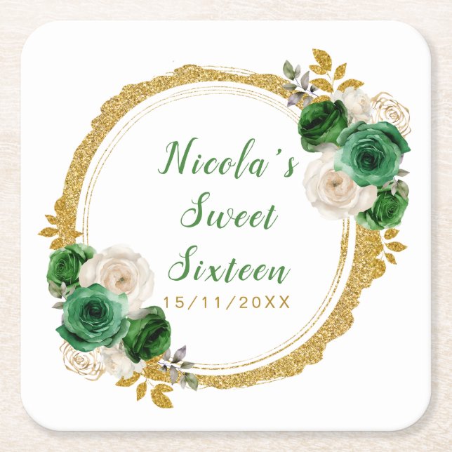 Dessous-de-verre Carré En Papier Dark Green and Gold Elegant Flowers Sweet Sixteen (Devant)