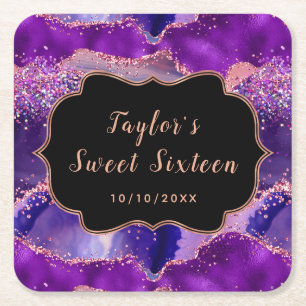 Dessous-de-verre Carré En Papier Dark Purple et Sequins Rose Agate Sweet Sixteen