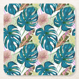 Dessous-de-verre Carré En Papier Dark turquoise monstera, delicate peach and yellow