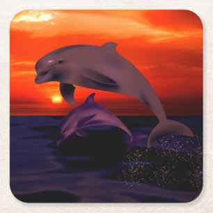 Dessous-de-verre Carré En Papier Dauphins sauteurs nautiques Coucher de soleil oran