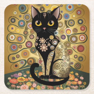 Dessous-de-verre Carré En Papier Décor doré Gustav Klimt Style Chat Noir Art