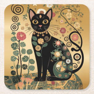 Dessous-de-verre Carré En Papier Décor doré Gustav Klimt Style Chat Noir Art