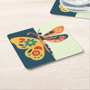 Dessous-de-verre Carré En Papier Décoration papillon colorée avec éléments floraux