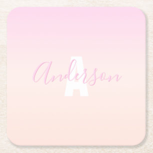 Dessous-de-verre Carré En Papier Dégradé ombré rose clair et pêche Nom & Monogramme