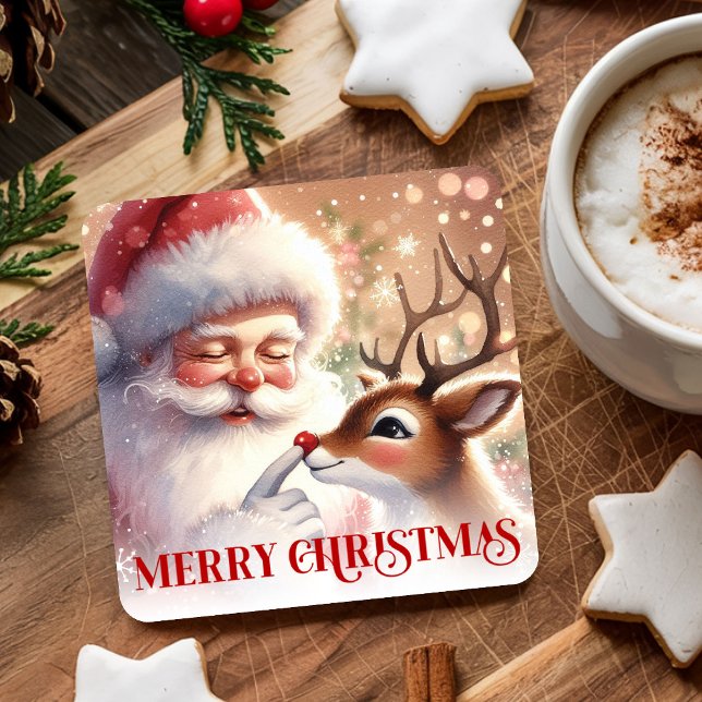 Dessous-de-verre Carré En Papier Delightful Santa and Rudolph Christmas Paper  (Delightful Santa and Rudolph Christmas Paper Coasters)