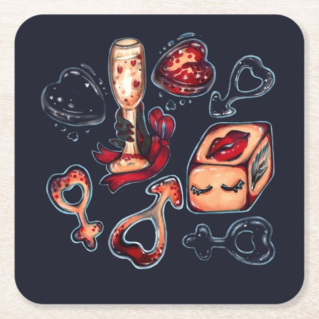 Dessous-de-verre Carré En Papier Dés coquins & Champagne Humour adulte Dark Romanti (Devant)