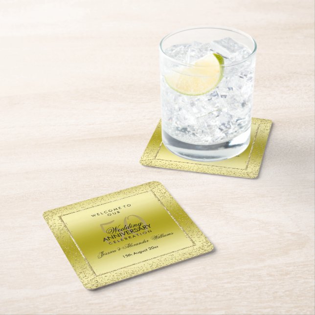 Dessous-de-verre Carré En Papier Design Gold Confetti 50e Carré Mariage  (En situation)