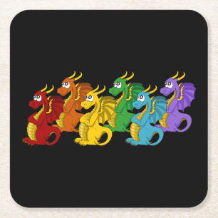 Dessous-de-verre Carré En Papier Dessin animé de dragons arc-en-ciel colorés 