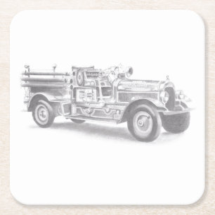 Dessous-de-verre Carré En Papier dessin au crayon vintage pour camion à feu