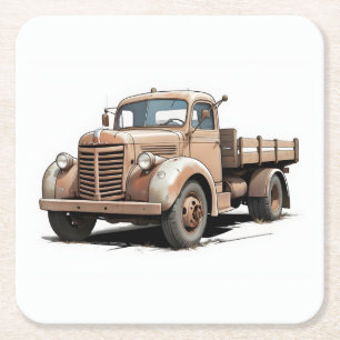 Dessous-de-verre Carré En Papier Dessin cool d'un vieux camion plateau/pick-up marr