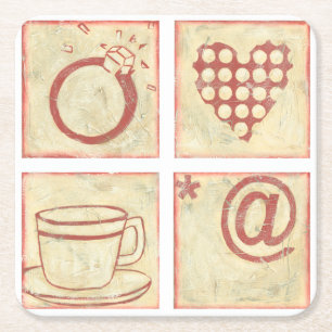 Dessous-de-verre Carré En Papier Dessins de bois de graveur de coeur et d'anneau