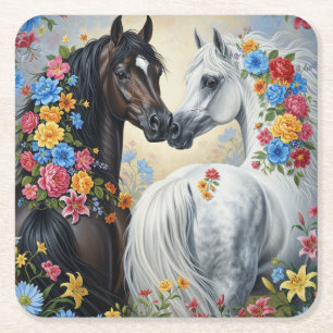 Dessous-de-verre Carré En Papier Dessous de verre avec des chevaux encadrés de fleu