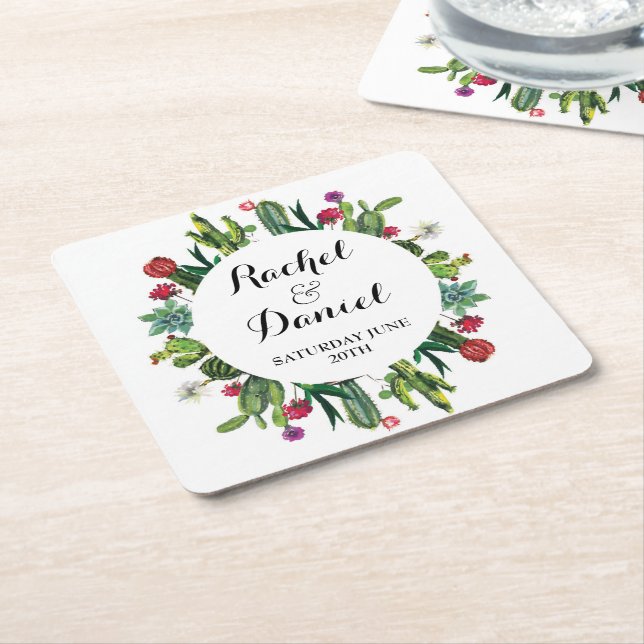 Dessous-de-verre Carré En Papier Dessous de verre Cactus Mariage Fête Cactus Fiesta (Incliné)