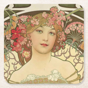 Dessous-de-verre Carré En Papier Dessous de verre d'Alphonse Mucha de fille de