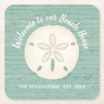 Dessous-de-verre Carré En Papier Dessous de verre de papier de sable de la maison d<br><div class="desc">Un dessous de verre à thème de plage avec un dollar de sable. Personnalisez-le avec votre nom et votre date de mariage. Ce dessous de verre a une texture patinée arrière - plan de bois de plage et une jolie illustration de dollar de sable. Ce dessous de verre est un...</div>