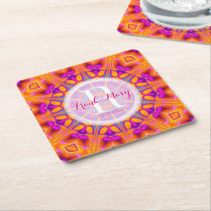 Dessous-de-verre Carré En Papier Dessous de verre de papier monogramme rose de Fuch
