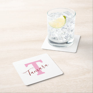 Dessous-de-verre Carré En Papier Dessous de verre en papier à monogramme rose | Nom