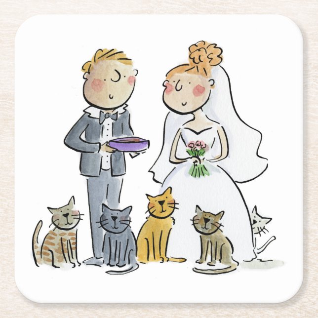 Dessous-de-verre Carré En Papier Dessous de verre en papier mariage Couple Cats (Devant)