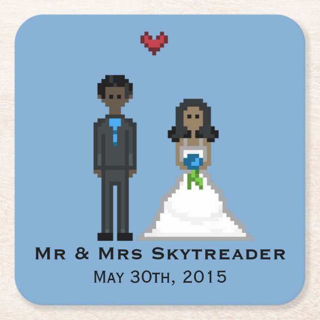 Dessous-de-verre Carré En Papier Dessous de verre Mariage Pixel Gamer Bride & Groom (Devant)