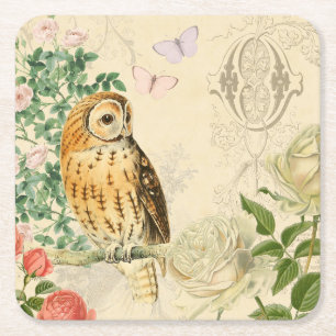 Dessous-de-verre Carré En Papier Dessous de verre vintages floraux de hibou avec de