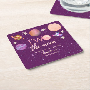 Dessous-de-verre Carré En Papier Deux à la Lune Fille Espace Rose Planètes 2e Anniv