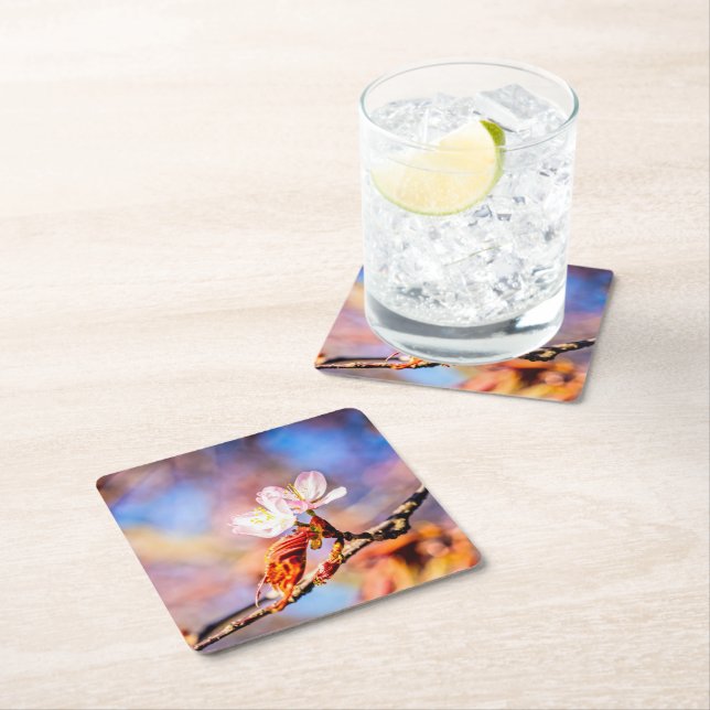 Dessous-de-verre Carré En Papier Deux Fleurs Extraordinaires Sakura. Rose, Arrière  (En situation)