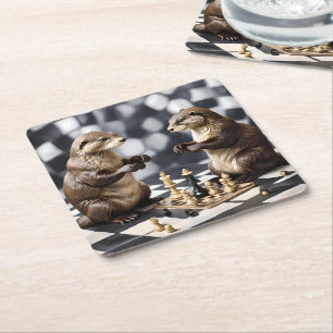 Dessous-de-verre Carré En Papier Deux Otters Jouant Aux Échecs,