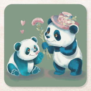 Dessous-de-verre Carré En Papier Deux Pandas Dessous de Verre en Papier