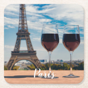 Dessous-de-verre Carré En Papier Deux verres de vin avec la tour Eiffel
