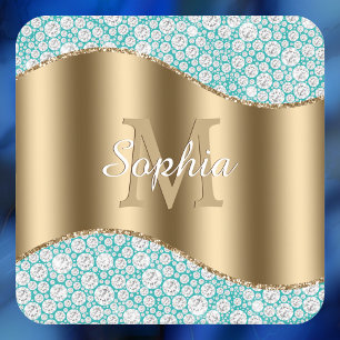 Dessous-de-verre Carré En Papier Diamants de Glam sur Turquoise, Monogramme Or, Nom