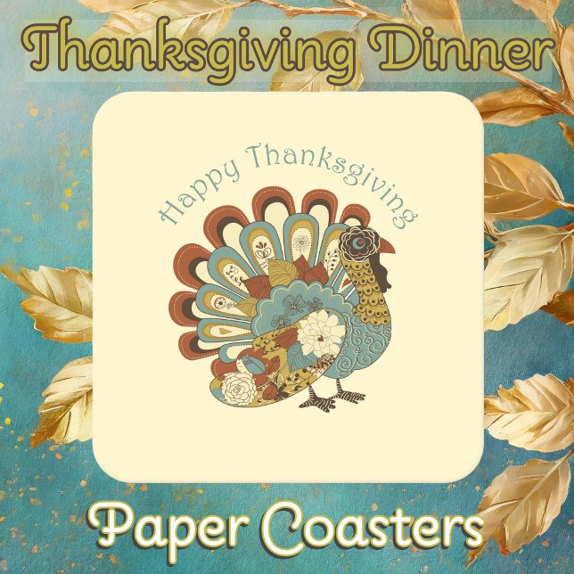 Dessous-de-verre Carré En Papier Dinde de couleur bon thanksgiving (Thanksgiving Dinner Paper Coasters with Muted Fall Colored Turkey)