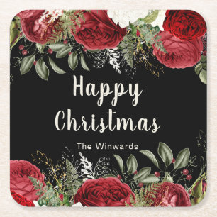 Dessous-de-verre Carré En Papier Dîner de Noël élégant Fleurs rouges