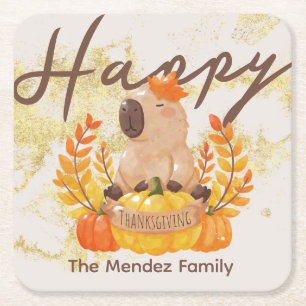 Dessous-de-verre Carré En Papier Dîner de Thanksgiving de la famille des capybaras 