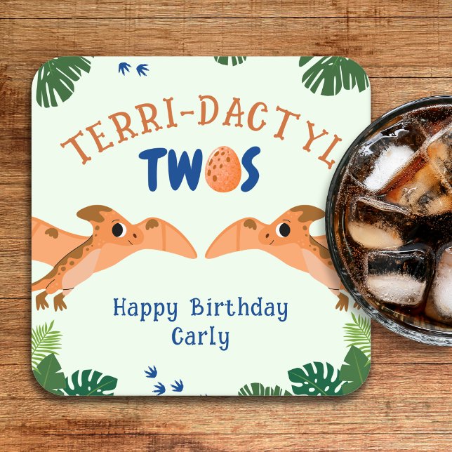 Dessous-de-verre Carré En Papier Dinosaur 2e anniversaire Funny Green Pterodactyle (Dinosaur 2nd Birthday Funny Green Pterodactyl Square Paper Coaster
)